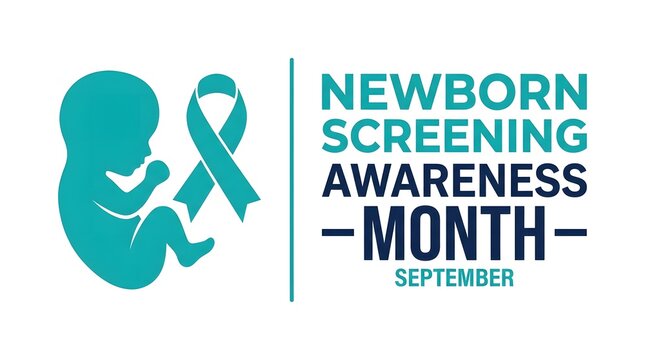 Newborn screening awareness month illustration featuring a fetal silhouette and a teal ribbon promoting september health and early detection initiatives