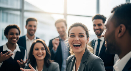 Obraz premium Group of diverse business colleagues laughing joyfully during a corporate office meeting perfect for a positive teamwork concept
