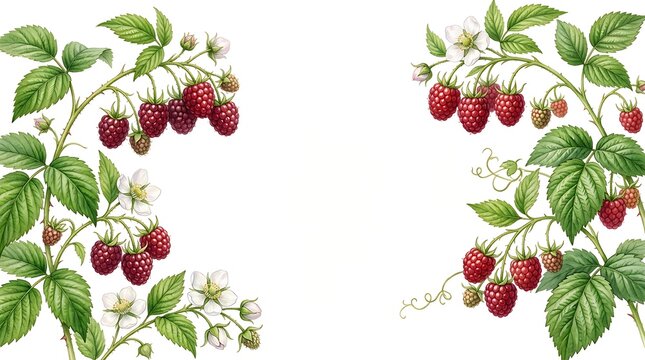 Watercolor illustration of fresh red raspberry branches with green leaves and white flowers on white background