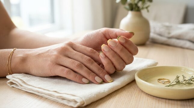 Butter Yellow and Olive Micro French Nails. Close-up of a woman&rsquo;s hands with sheer milky beige nails and butter-yellow, olive-green micro French tips in a late-summer early-fall style.