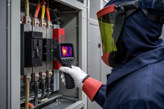 Technician conducting thermal inspection of electrical switchgear