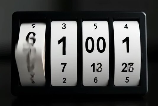 Mechanical flip counter with rotating numbers, analog scoreboard display for data tracking, vintage odometer style timer on black background