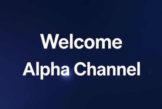 Welcome Alpha Channel text animation, minimalist white typography on dark blue background, professional video intro for corporate presentations