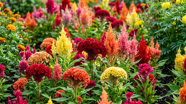 Vibrant colorful celosia flowers blooming in a lush garden bed under summer daylight