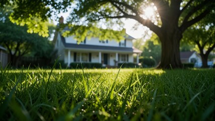 Fototapeta premium Sunlit Lawn and Traditional House with Large Tree
