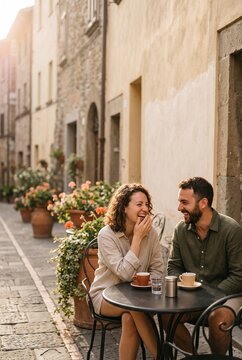 Happy romantic couple laughing together while enjoying coffee at an outdoor street cafe in an old European town during summer vacation