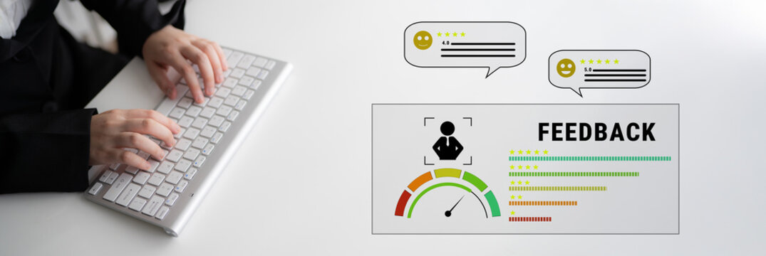 A system for collecting customer feedback and measuring service quality. A dashboard with user reviews, ratings, and a satisfaction meter. Motif
