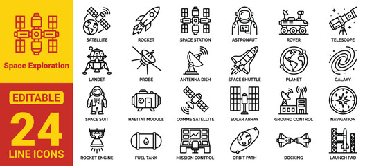 Space Exploration Line Icon Set – Satellite, Rocket, Astronaut, Space Station, Telescope, Mission Control, Astronomy Outline Vector Collection © Icon Corner