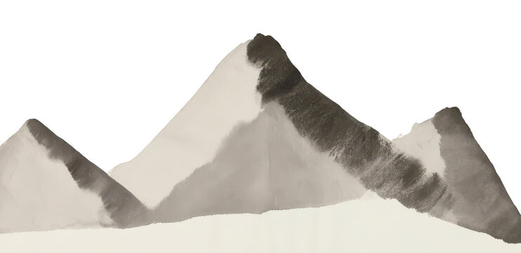 Minimalist ink wash painting of three abstract mountain peaks against white background