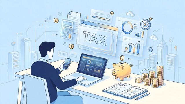 Tax preparation concept with businessman using laptop. Financial planning and accounting illustration. Online tax filing and money management. 4K