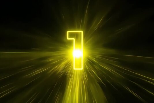 Glowing yellow number one with light rays, neon 1 countdown element, cinematic golden energy burst on black background