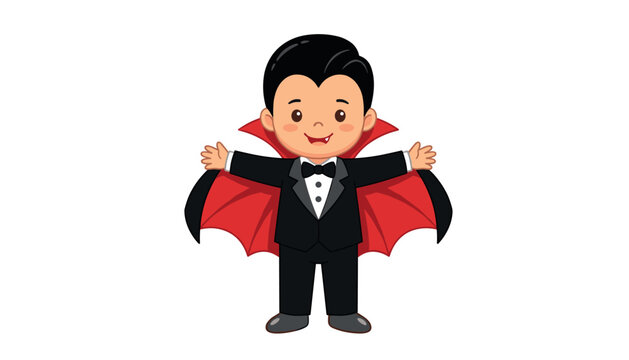 Cute cartoon little boy dressed in dracula vampire halloween costume isolated vector illustration on white background