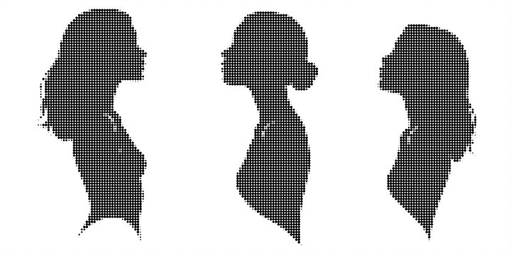 Set of female head silhouettes made of black dots