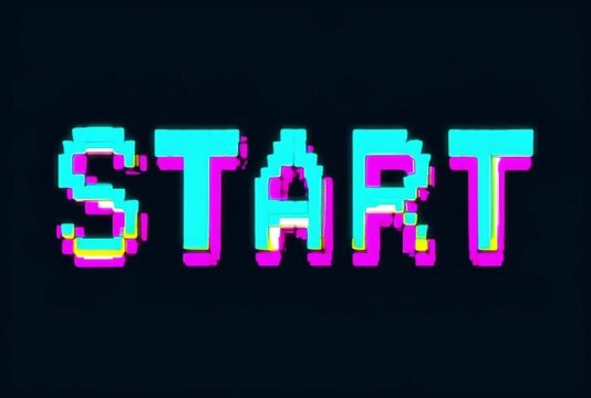 Retro glitch start text animation, pixel art video game screen, neon cyan and magenta distorted typography on black background