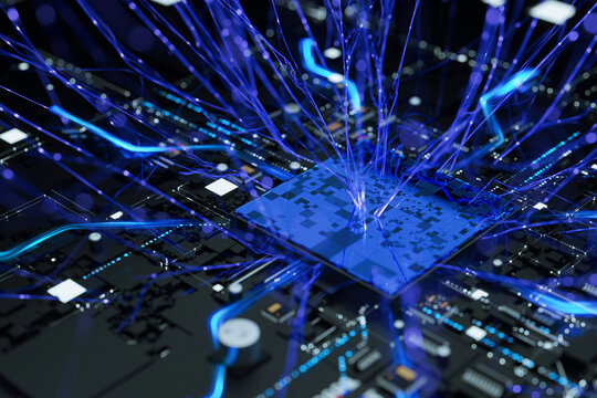 A close-up view of a central AI processor on a circuit board with bright blue glowing data streams and neural network connections radiating, representing advanced computing.