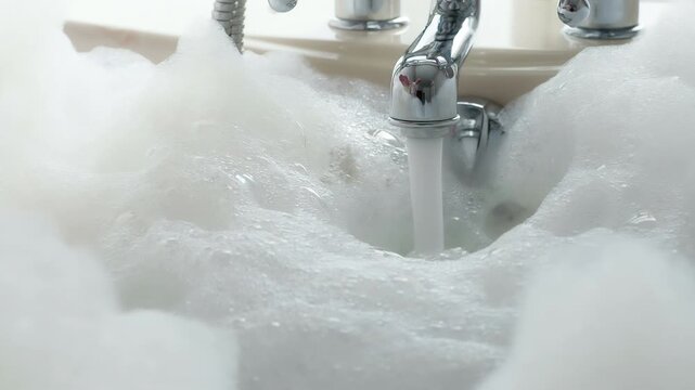 Bath is Filled with Fragrant Foam. The man's hand slowly sinks into a white foam against the background of a stream of water spurting from the tap
