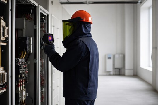 Electrician using thermal camera to inspect industrial switchgear