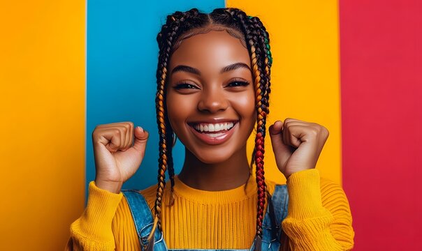 Joyful young black woman with braided hair celebrating success against colorful background