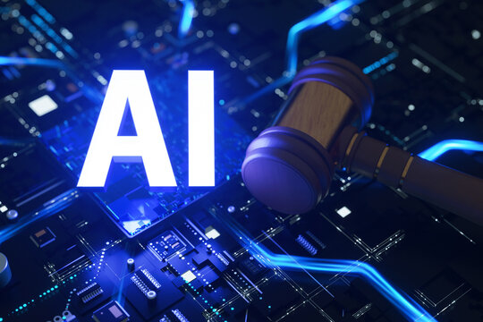 Conceptual of glowing white AI standing next to a traditional judge's gavel on a blue electronic circuit board, representing the legal, ethical, and regulatory challenges of artificial intelligence.