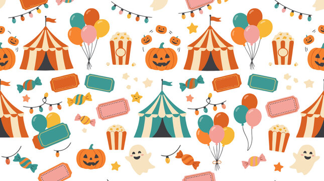 Halloween circus seamless pattern with pumpkins and ghosts