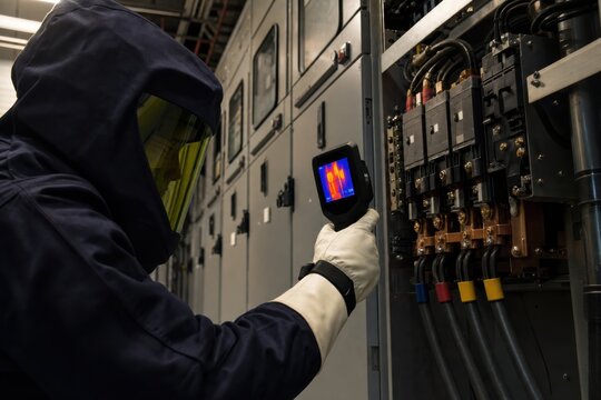 Electrician inspecting industrial switchgear with thermal camera