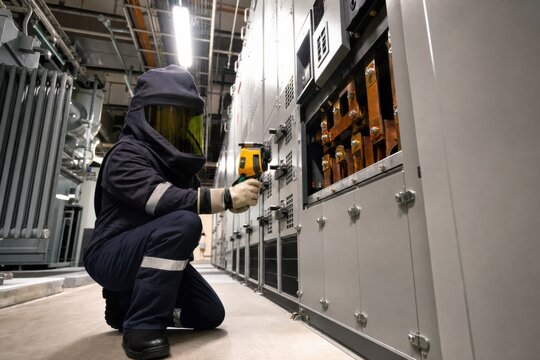Electrician inspecting industrial switchgear with thermal camera