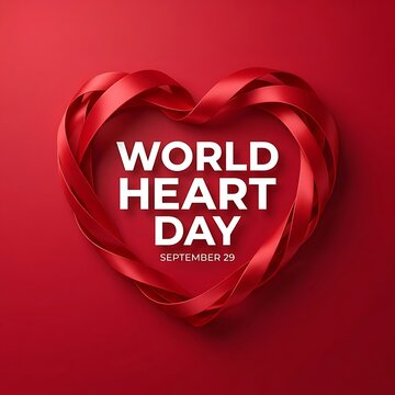 World heart day concept with a red ribbon heart shape on a red background