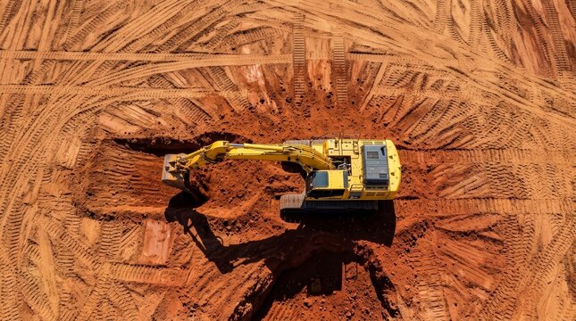 Construction site earthworks featuring an excavator digging into red soil from above.