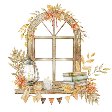 Autumn window watercolor illustration with lantern, books, candle and fall foliage isolated on background. Cozy seasonal frame clipart composition for farmhouse and interior designs.