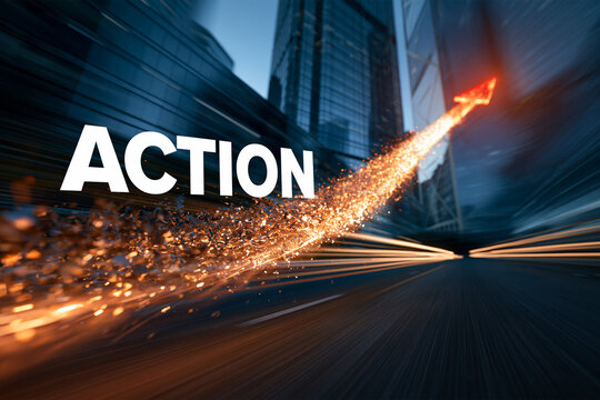 躍動感のある上昇矢印とACTIONの文字が示すビジネス成長
