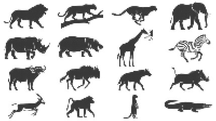 Naklejka premium Set of various wild african animal silhouettes made of halftone dots
