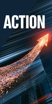 ACTIONの文字と光る上昇矢印で表現するビジネス成功と目標達成