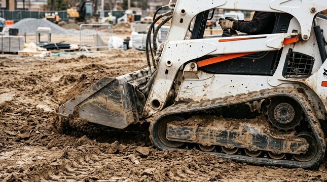 Small compact track loader machine operating on dirt at a construction site.