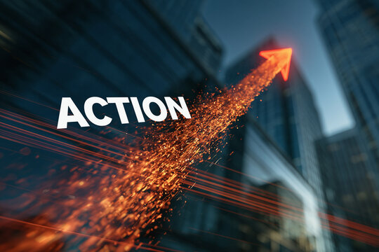 ACTIONの文字と光る上昇矢印で表現するビジネス成功と目標達成