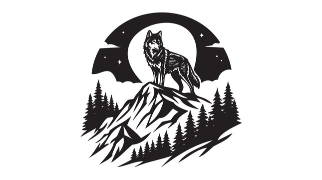 Silhouette wolf howling at the moon on mountain peak. Wilderness logo. Outdoor adventure emblem with pine trees and night sky. Vintage tribal engraving style vector