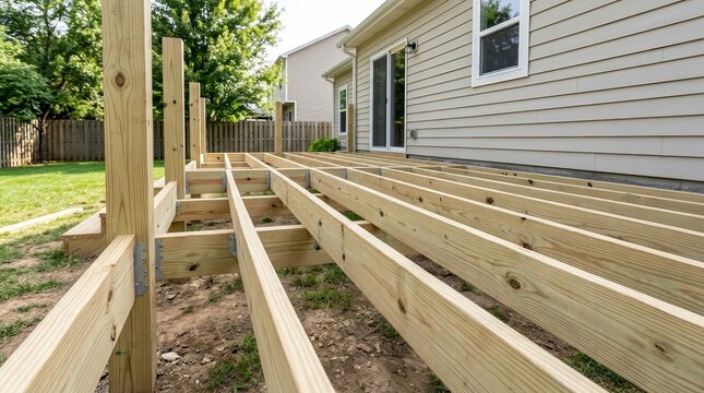 New wooden deck patio being built next to a house with light siding.