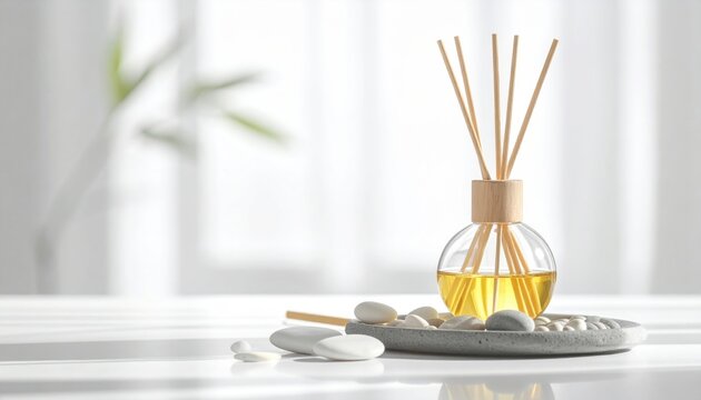 Minimalist glass reed diffuser with smooth stones and wooden accents for tranquil home aromatherapy