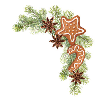 Hand-drawn Christmas pine branch gingerbread star anise corner border illustration