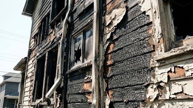 Close up of a burnt house with scorched wooden siding and window frame.
