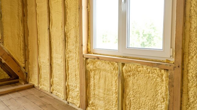 A window surrounded by yellow spray foam insulation coating in a construction site.