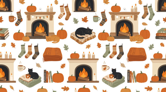 Seamless halloween pattern with cozy fireplace and pumpkins vector