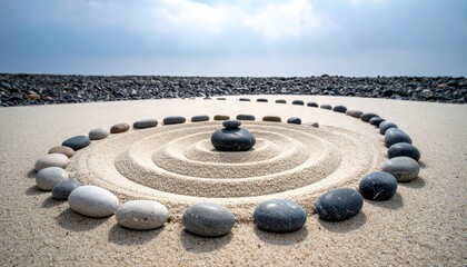 Naklejka premium Zen Garden with Stacked Stones on Raked Sand and Cloudy Sky