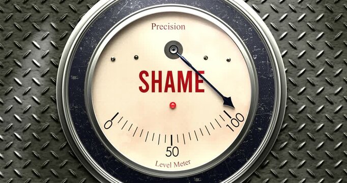 Shame  meter that is hitting a full scale, showing rising levels of shame, overload of it, too much of it. Maximum value, off the charts.