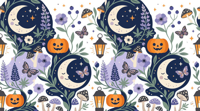Whimsical halloween seamless pattern with moon and pumpkin vector