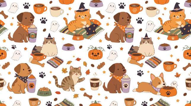 Halloween pet cafe seamless pattern with cute cats and dogs