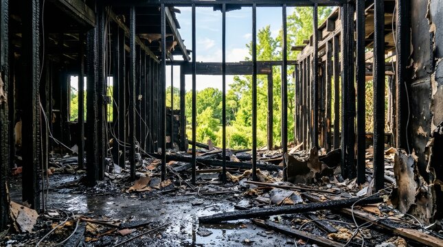 Damaged building room showing burnt timber framing and charred interior after a house fire.
