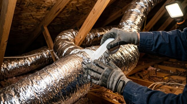 HVAC technician sealing flexible ductwork in an attic to improve energy efficiency.