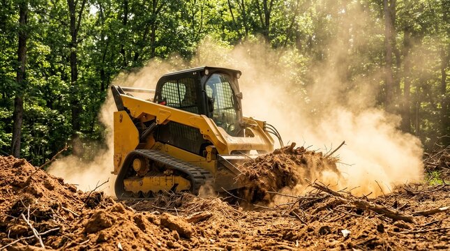 Land development preparation in a rural forest with a bulldozer clearing dirt and debris.