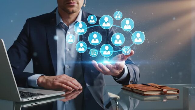 Businessman displays network icons above hand at desk. Manager shows digital connection with team network. Executive presents virtual networking concept. Business network with icon display at office.