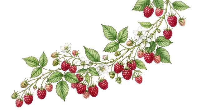 Watercolor illustration of a lush raspberry branch with ripe red berries and green leaves on white background